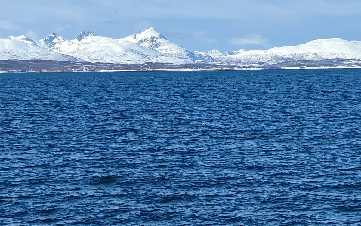 A snow-covered fjord near Tromso seen from a boat